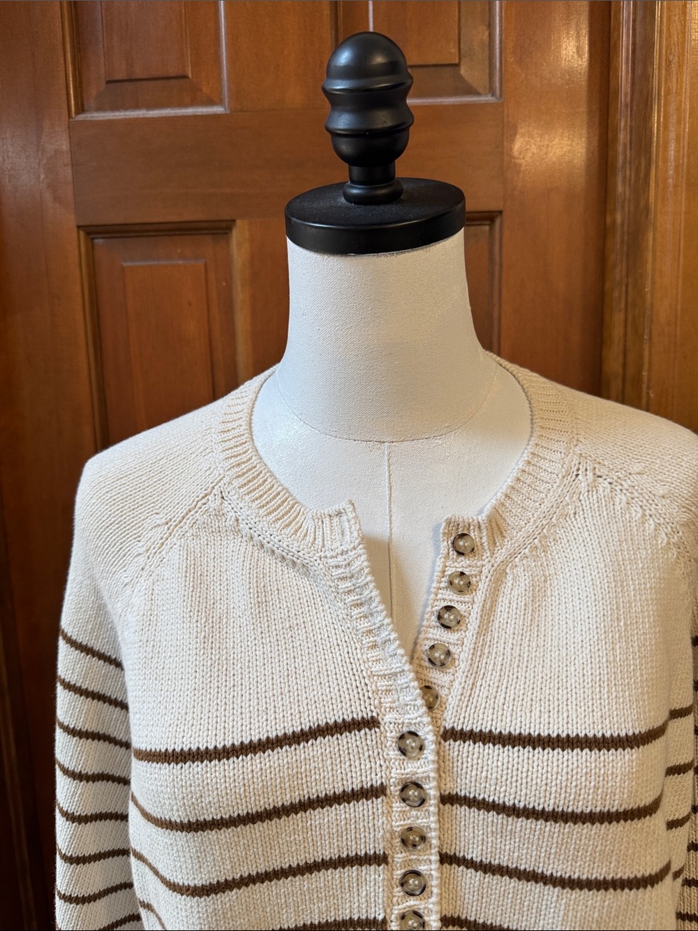 Sezane Cream & Brown Stripe Henley Sweater with Button Placket Size S